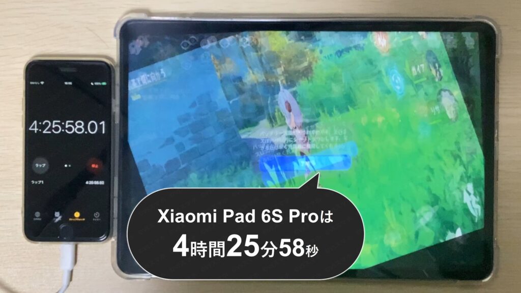 Xiaomi Pad 6S Proで原神のバッテリー持ちテスト。バッテリーが0%になりシャットダウンしている画像。ストップウォッチは4時間25分を示す結果