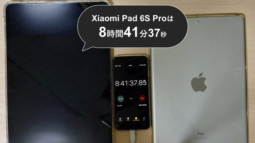 Xiaomi Pad 6S ProでYouTube動画再生のバッテリー持ちテスト。バッテリーが0%になりシャットダウンしている画像。ストップウォッチは8時間41分を示す結果