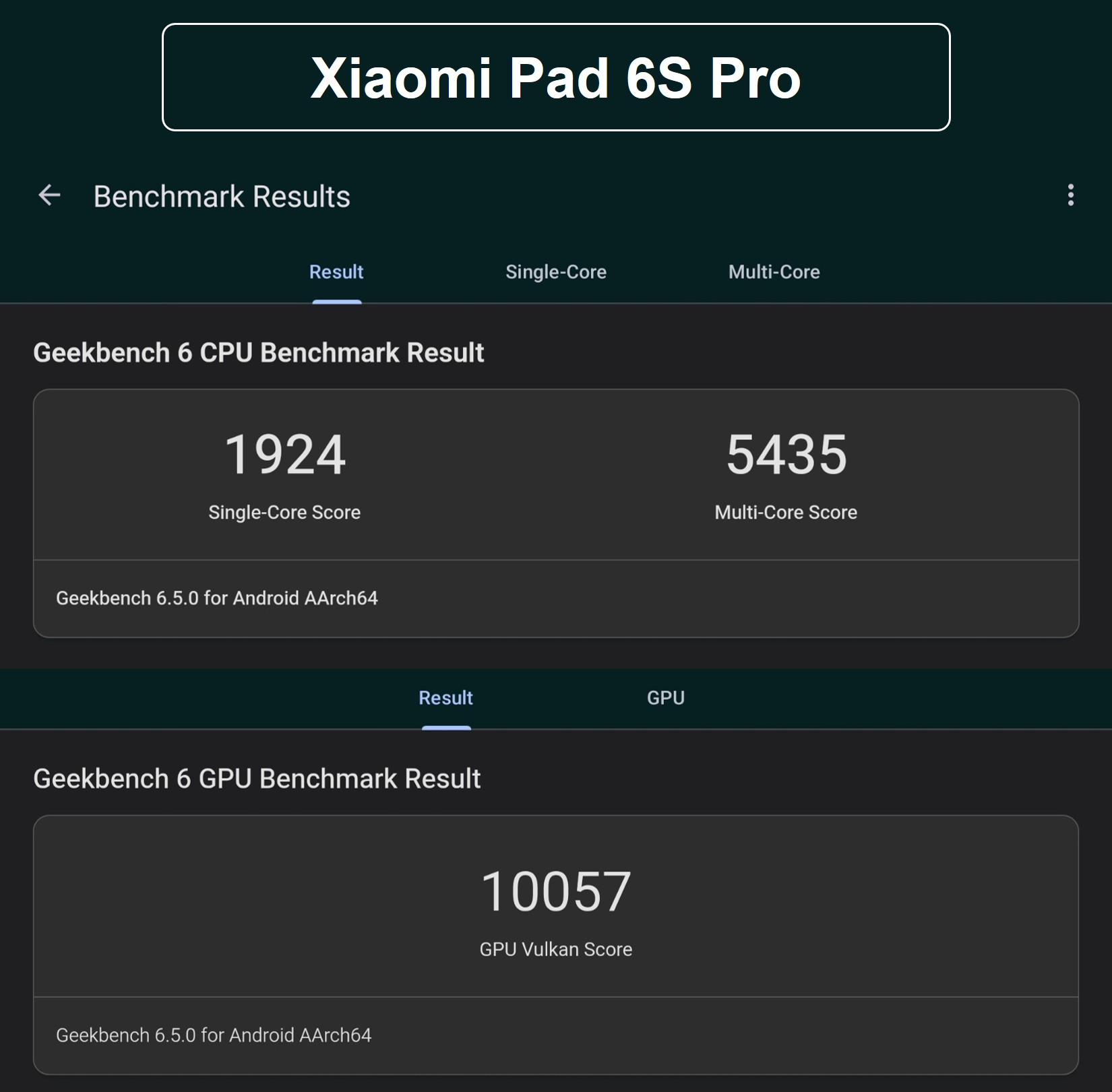 Xiaomi Pad 6S Pro 12.4のGeekbench 6実測スコア。CPUシングル1924、マルチ5435、GPU(Vulkan)10057という安定したハイスコア結果