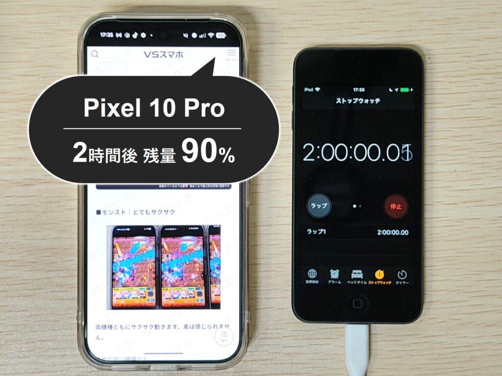 Pixel 10 Proでのchromeアプリのバッテリー持ち検証写真。2時間ブラウジングした直後の画面。残量90%。2時間で10%消費